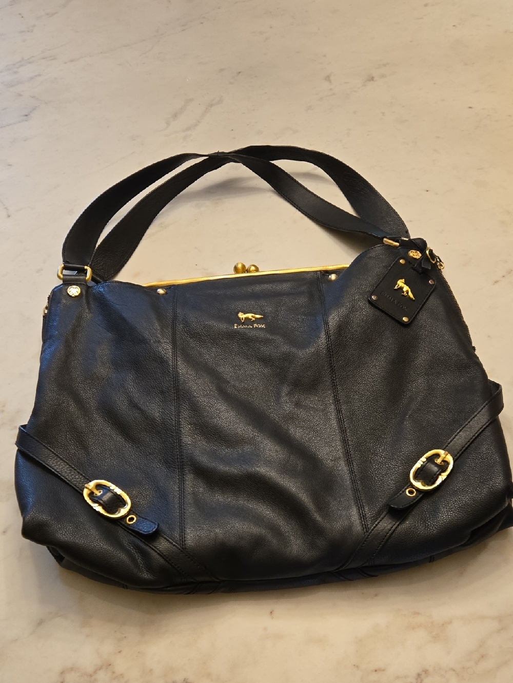 Emma Fox Black Leather Shoulder Bag with Gold Hardware
